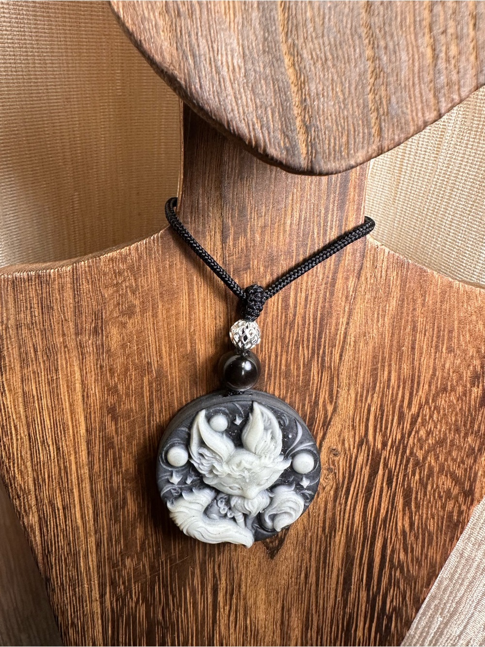 Tai Chi Stone Fox Pendant Necklace on Black Rope - Picture 2 of 14